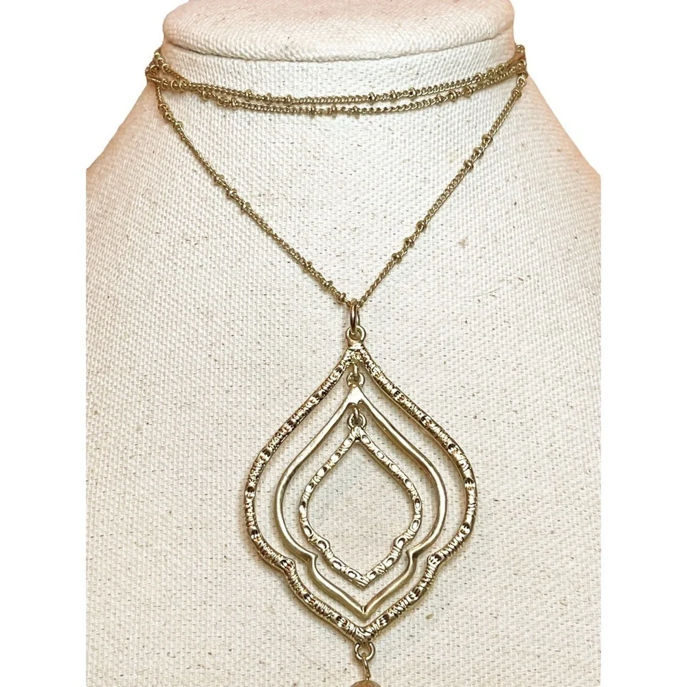 JV Long Hammered‎ Gold Tone Metal Lariat Statement Necklace With Tassel Detail